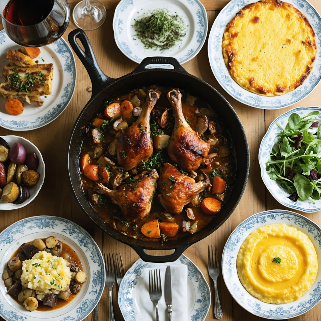 Une table de fête conviviale mettant en valeur un coq au vin dans une cocotte en fonte, entouré de plats d'accompagnement comme un gratin dauphinois, des légumes rôtis et de la polenta crémeuse.