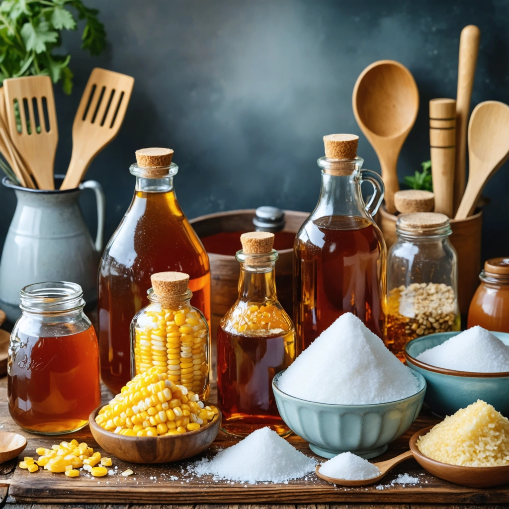 Table de cuisine avec plusieurs alternatives au sirop de glucose alignées, notamment du miel, du sirop d'agave, du sirop de maïs, du sucre, du sirop inverti, du golden syrup et du sirop d'érable, avec des ustensiles de pâtisserie en arrière plan.