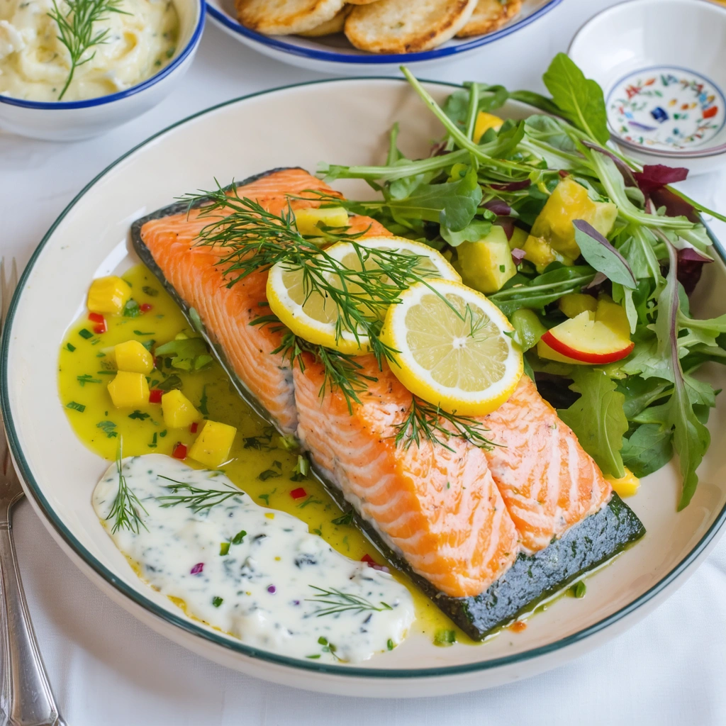 Table soigneusement dressée avec un plat de saumon élégant, décoré de rondelles de citron et d'herbes fraîches, entouré de légumes croquants et de salades colorées, pour une présentation festive et appétissante.