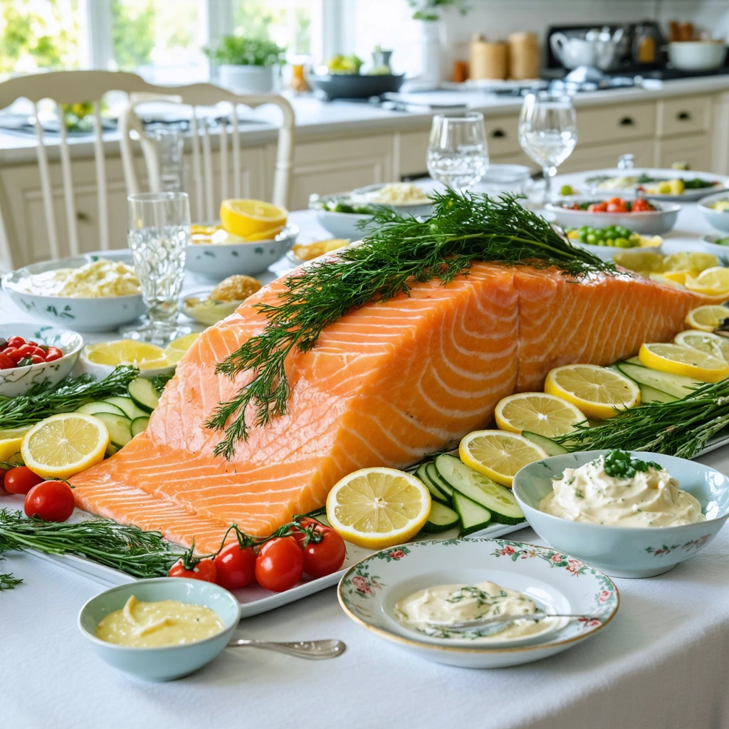 Table dressée avec un grand saumon au court-bouillon, accompagné de citron, d'aneth, de légumes colorés et de petits bols de mayonnaise et de macédoine, dans une ambiance conviviale et fraîche.