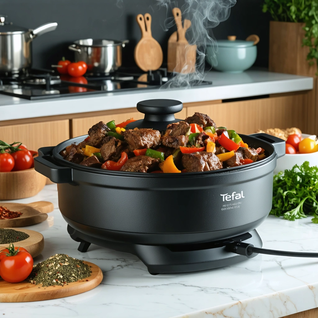 Un tajine électrique Tefal en fonctionnement sur un plan de travail moderne, entouré de légumes, d'épices et d'un plat de tajine marocain prêt à servir.