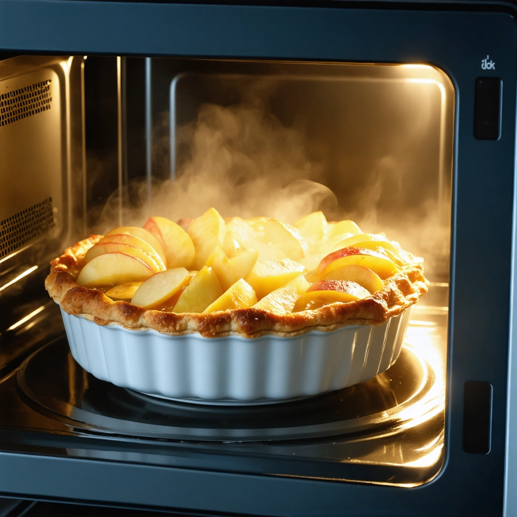 Un dessert express : tarte aux pommes dorée dans un moule en silicone sortant d’un micro-ondes moderne, ambiance chaleureuse de cuisine.