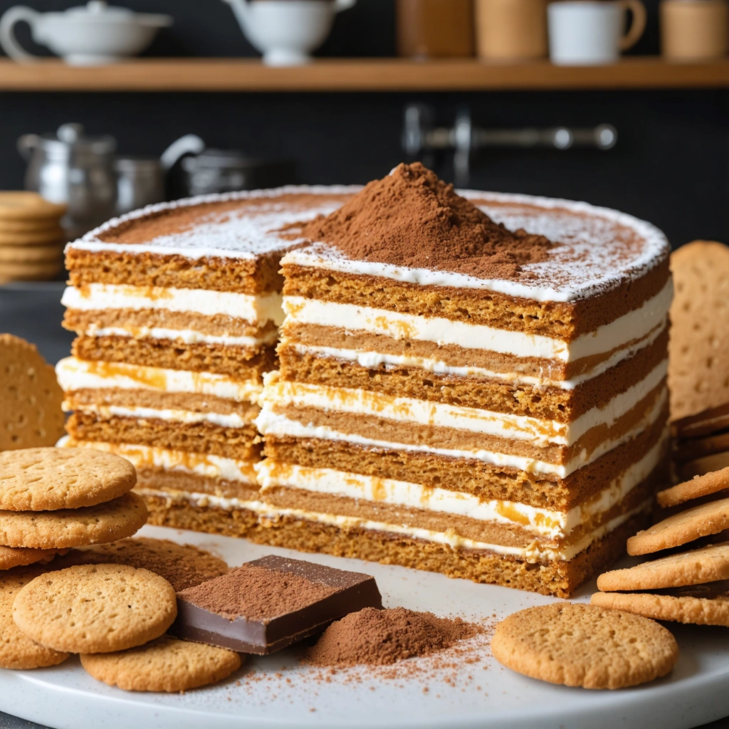 Un tiramisu fait maison coupé en parts, montrant les couches de biscuits imbibés et de mascarpone, entouré de différents biscuits comme des boudoirs, des cookies et des speculoos.