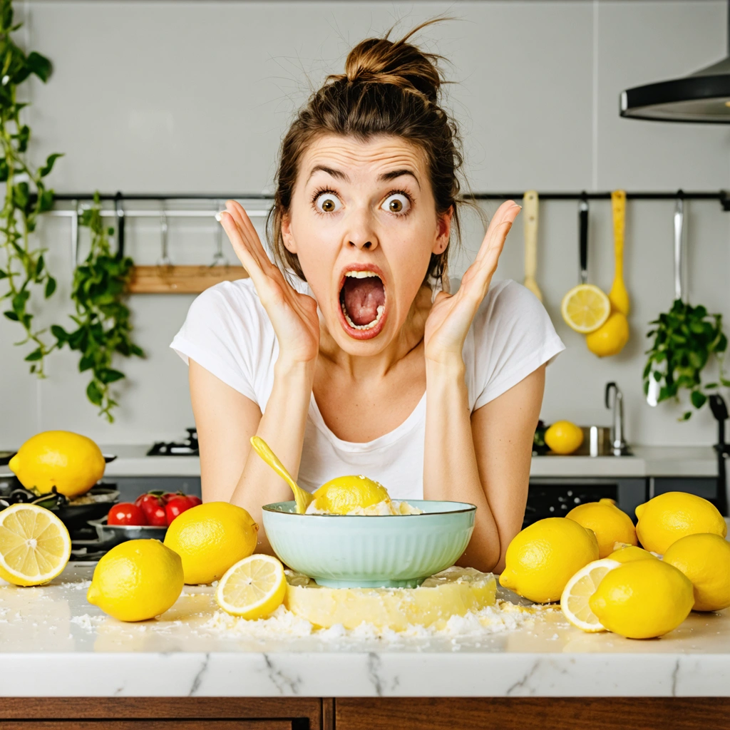 Une personne dans une cuisine fait la grimace devant un plat dans lequel elle vient de mettre trop de citron, avec des citrons éparpillés sur le plan de travail.
