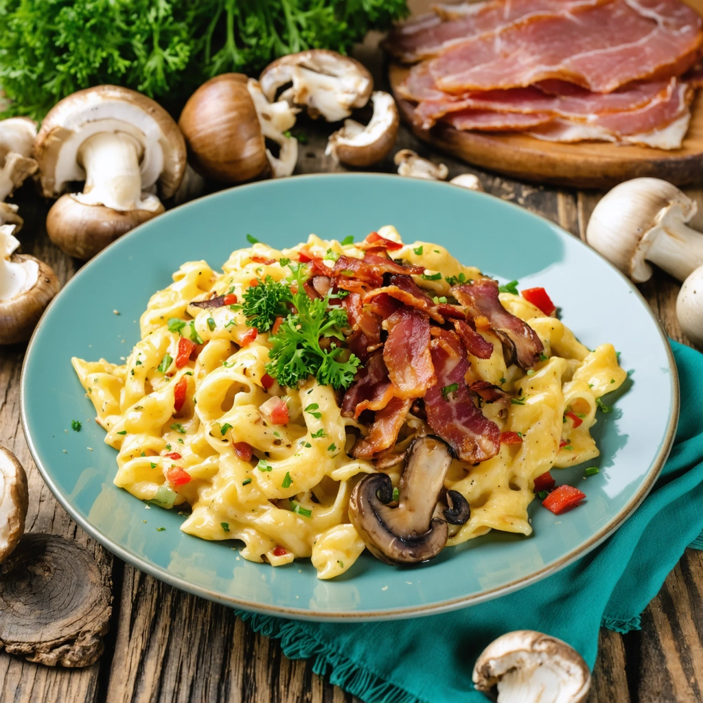 Un plat appétissant de spaetzle accompagné de lardons, de champignons et de légumes de saison, présenté sur une table en bois avec des ingrédients frais autour.