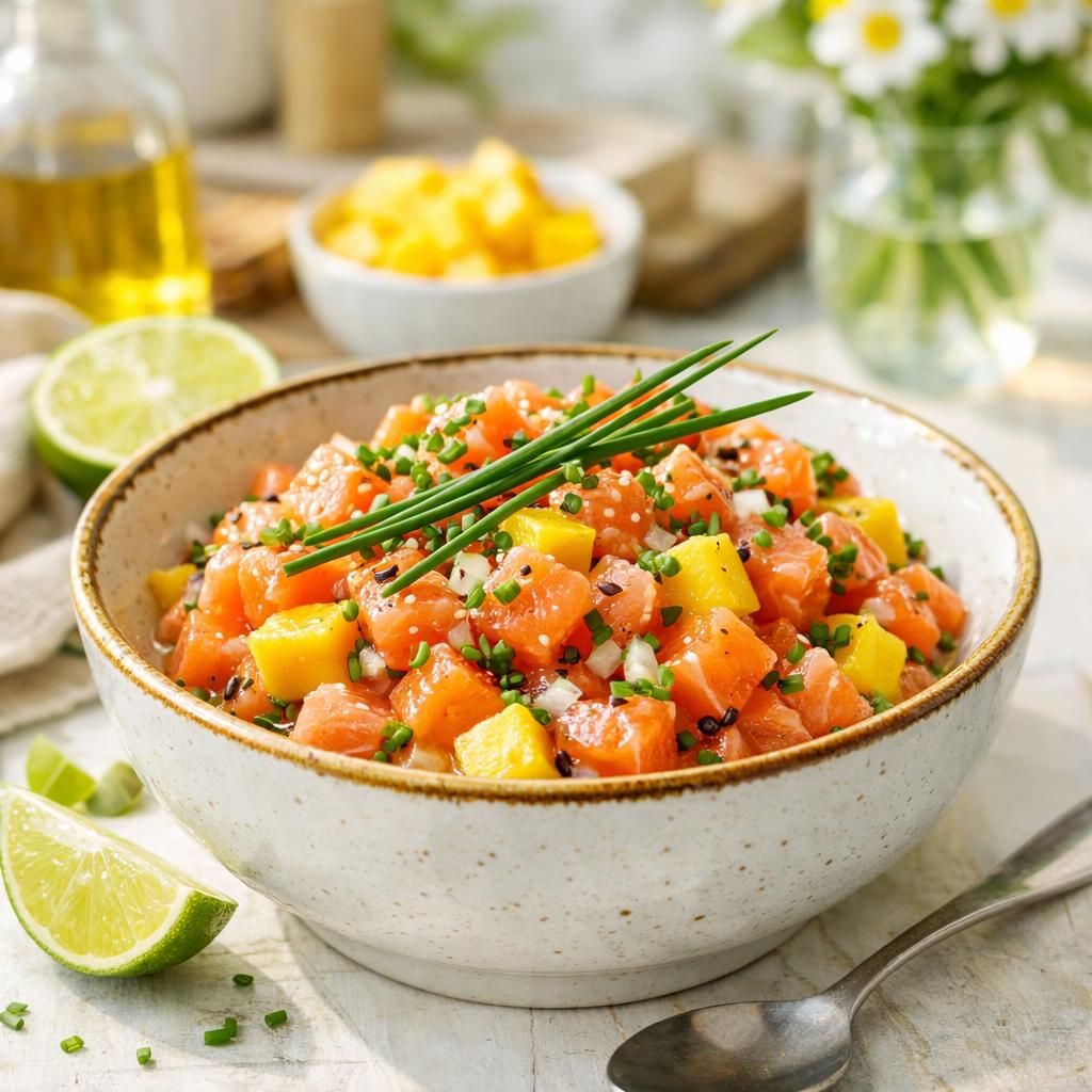 découvrez notre tartare de saumon estival à la mangue et citron vert, une recette fraîche et savoureuse parfaite pour les journées ensoleillées.