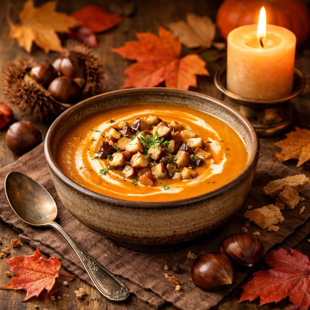 découvrez notre velouté de potimarron réconfortant aux éclats de châtaigne, une recette chaleureuse et gourmande, parfaite pour les douces soirées d'automne.