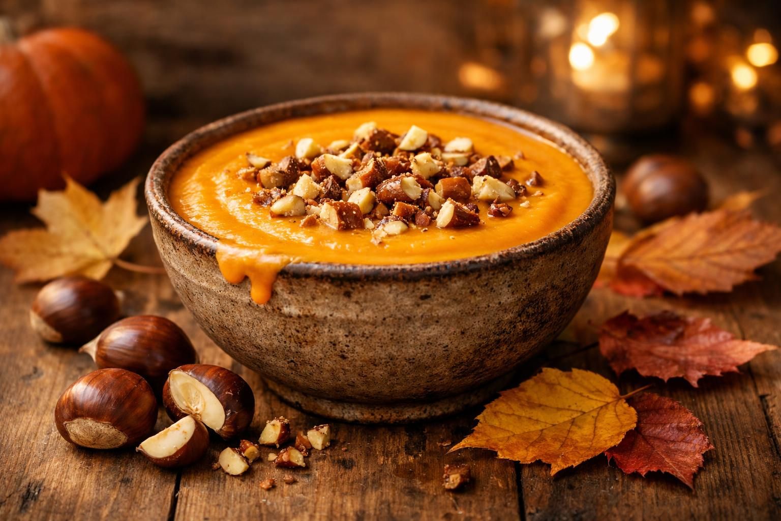 découvrez notre recette chaleureuse de velouté de potimarron aux éclats de châtaigne, parfaite pour réchauffer vos soirées d'automne avec douceur et saveurs réconfortantes.