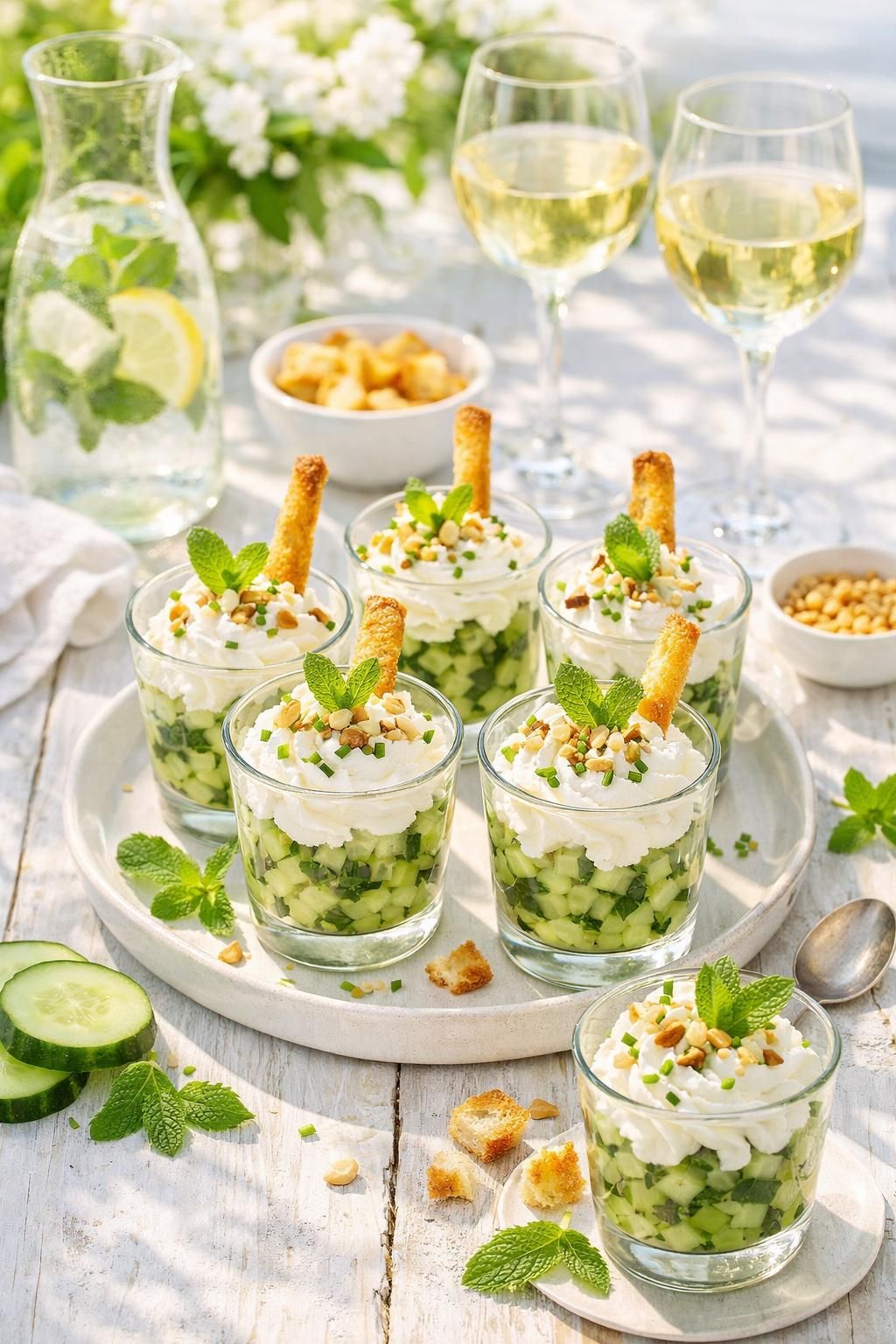 découvrez une recette fraîche et facile de verrines croquantes au concombre, agrémentées de chèvre frais et de menthe pour une entrée légère et savoureuse.