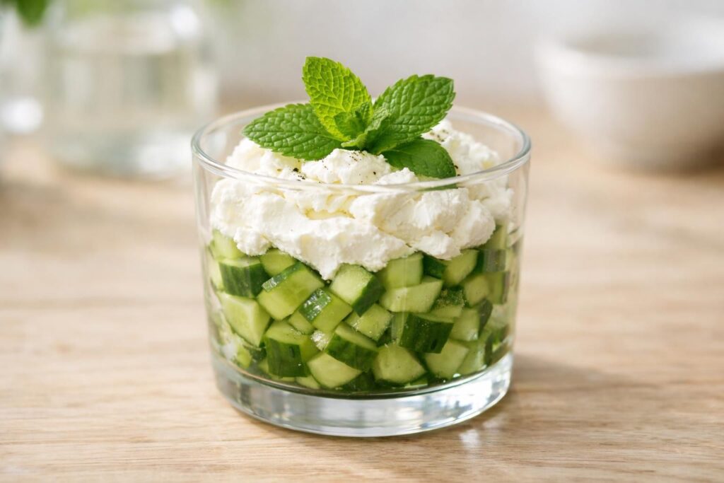 découvrez une recette fraîche et facile de verrines croquantes au concombre, chèvre frais et menthe, parfaite pour un apéritif léger et savoureux.