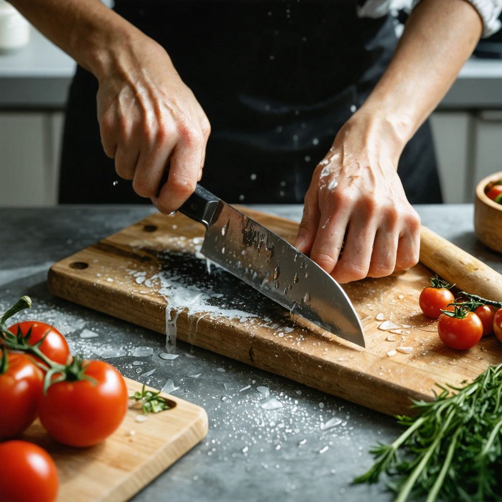 Une femme affute un couteau de cuisine sur une pierre a eau dans une cuisine lumineuse, avec une planche en bois et des ingredients a cote.