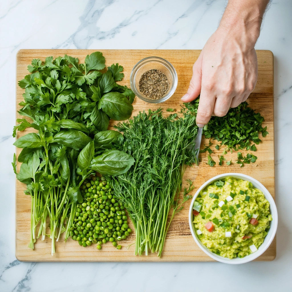 Plusieurs herbes fraîches disposées sur une planche en bois pour remplacer la coriandre fraîche, avec du persil plat, de la menthe, du basilic, de l’aneth, de la ciboulette et un bol de coriandre moulue près de plats cuisinés.
