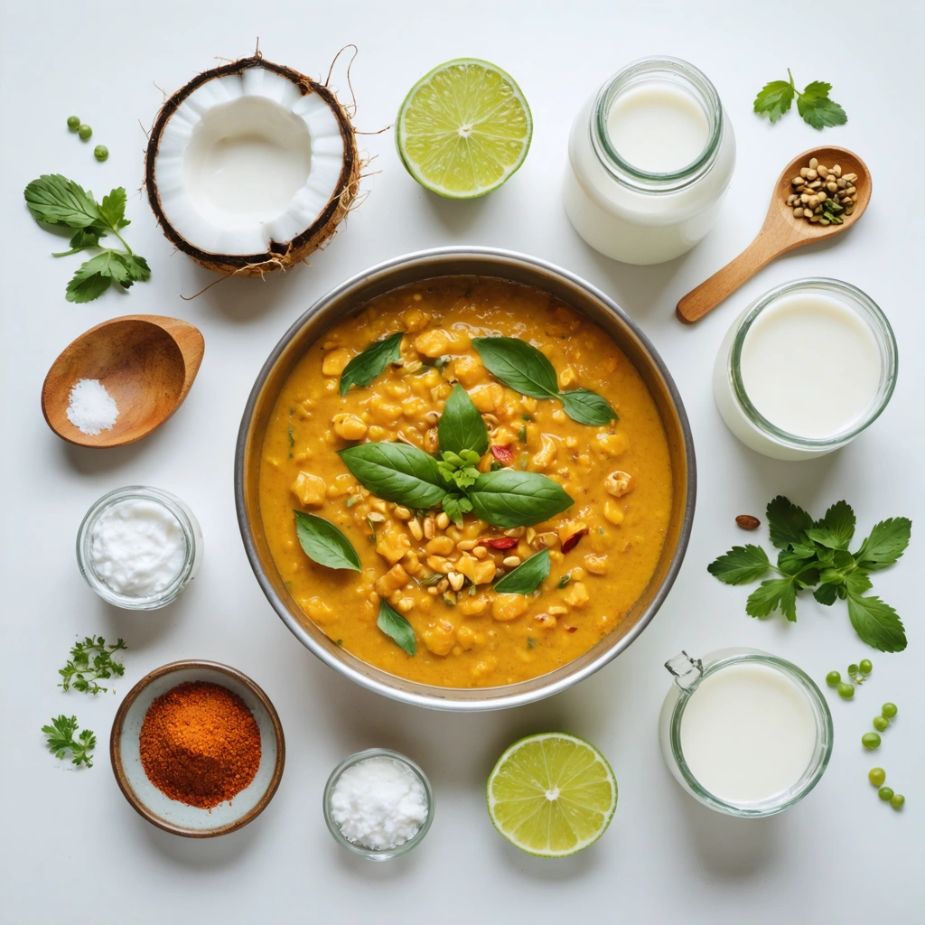 Plusieurs alternatives au lait de coco disposées sur un plan de travail, avec un curry crémeux et un dahl en arrière-plan dans une cuisine lumineuse.