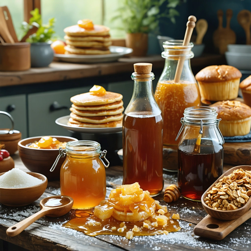 Plusieurs alternatives au sirop d’erable disposees sur une table de cuisine, avec du miel, du sirop d’agave, du sucre brun, de la compote de pomme et des pancakes en arriere-plan.
