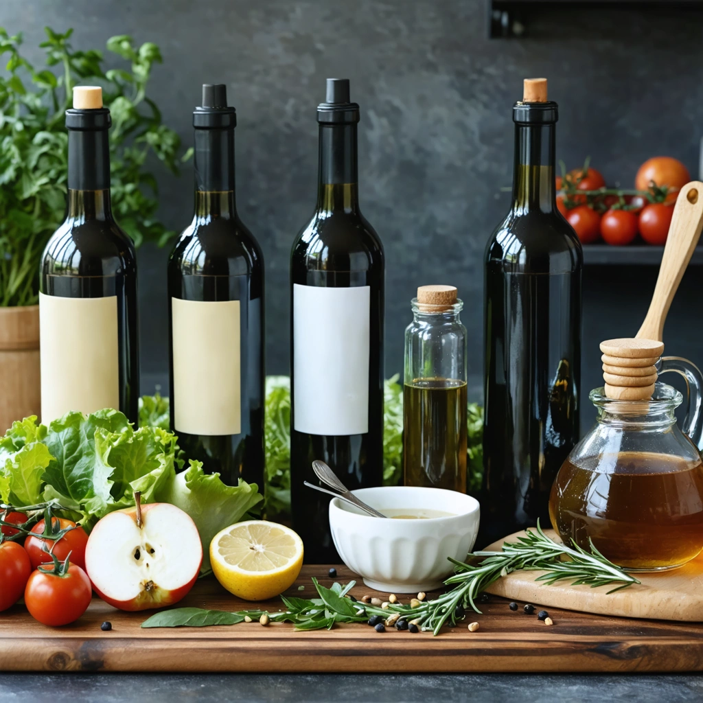 Plusieurs alternatives au vinaigre balsamique disposées sur un plan de travail de cuisine, avec des bouteilles de vinaigre, du miel, du citron, de la sauce soja et des ingrédients de salade.