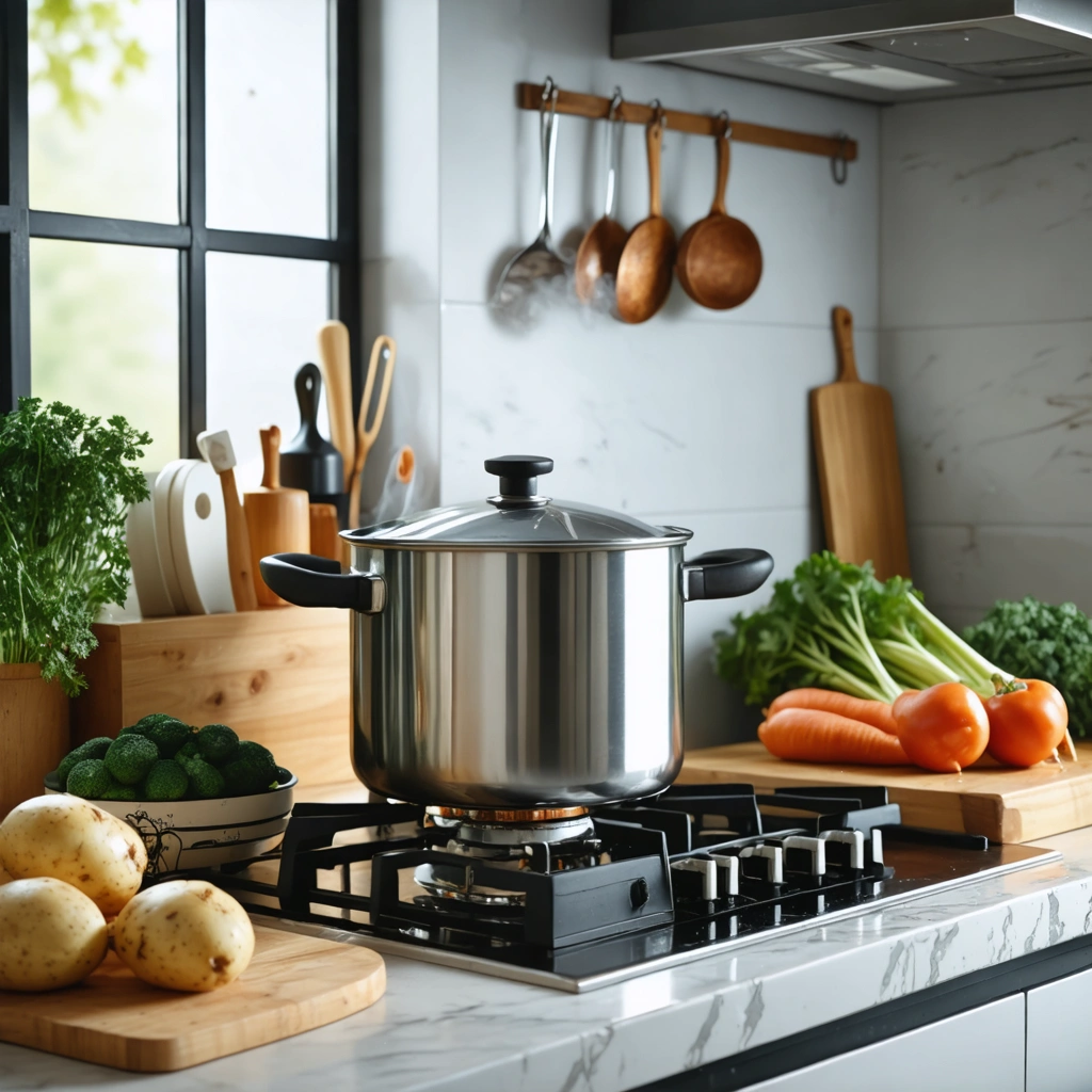 Une ancienne cocotte-minute SEB en inox posée sur une plaque de cuisson dans une cuisine familiale, avec des légumes frais et une ambiance chaleureuse.