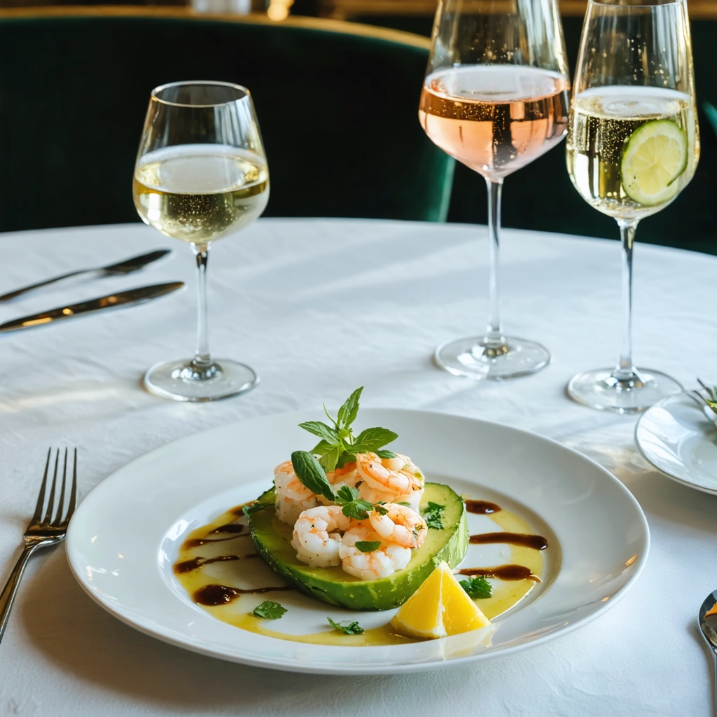 Une assiette d’avocat crevettes élégamment dressée, accompagnée de plusieurs verres de boissons fraîches comme du vin blanc, du rosé, des bulles et une boisson sans alcool au citron et concombre.
