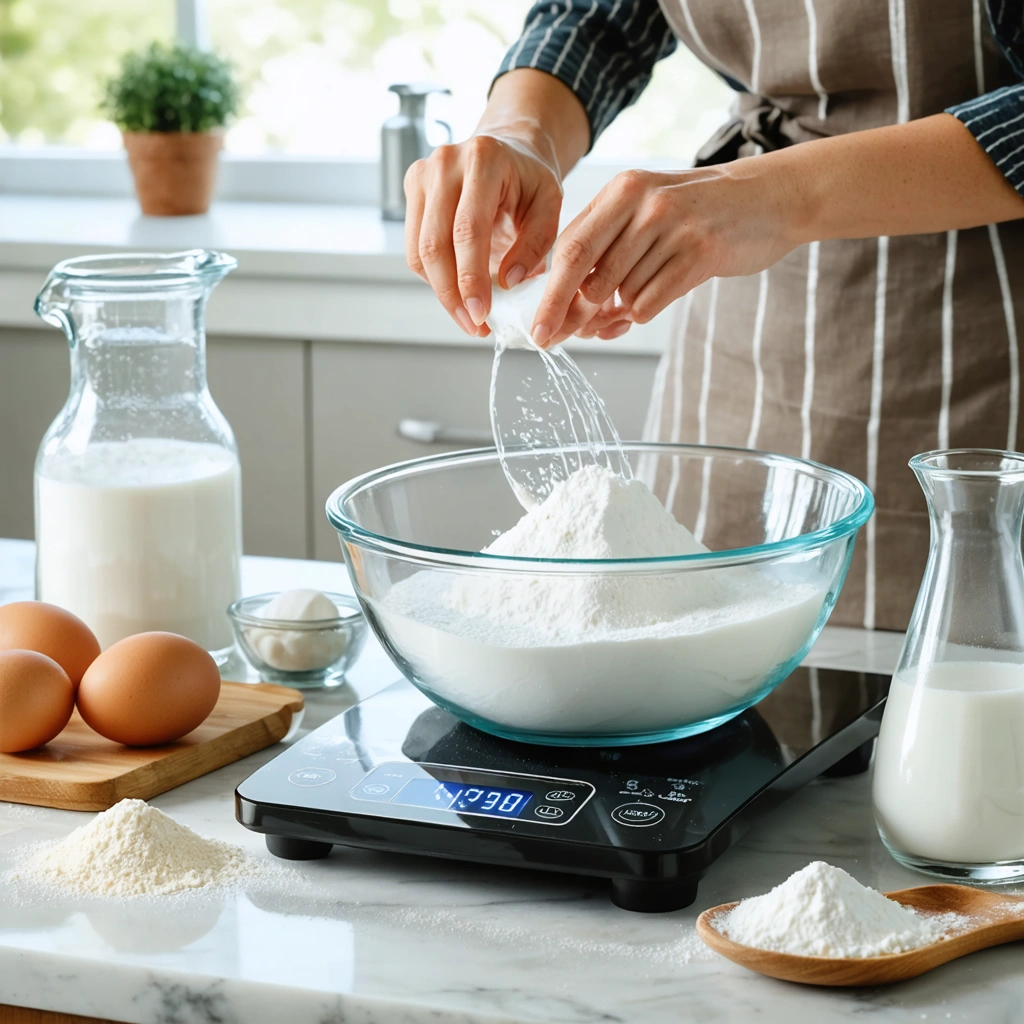 Une balance de cuisine electronique sur un plan de travail avec un bol, de la farine, des oeufs et des ingredients de patisserie en cours de pesee.