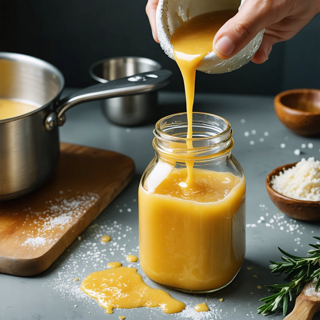Du beurre noisette clarifie est verse a travers un filtre fin dans un bocal en verre, avec une casserole montrant les residus bruns du lait en arriere-plan.