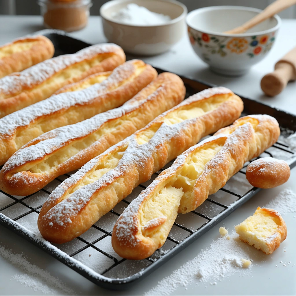 Des biscuits a la cuillere maison dores et saupoudres de sucre glace, poses sur une plaque et une grille dans une cuisine lumineuse.
