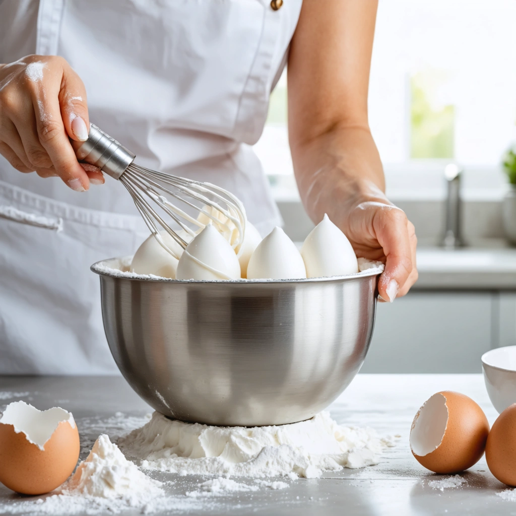 Des blancs d'œufs montés en neige très fermes dans un saladier en inox, avec un fouet soulevant une pointe brillante dans une cuisine lumineuse.