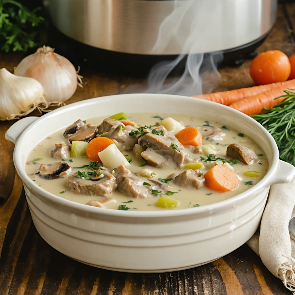 Une blanquette de veau sans crème servie dans un bol en céramique, avec morceaux de veau fondants, carottes, champignons et sauce blanche onctueuse.