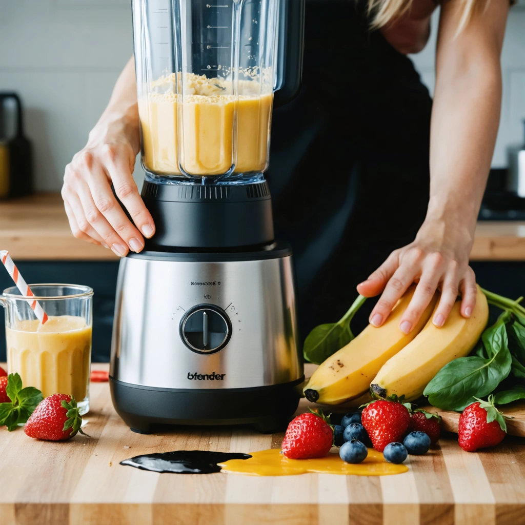 Un blender posé sur un plan de travail fuit par le bas pendant qu’une personne examine le bol et le joint d’étanchéité dans une cuisine.