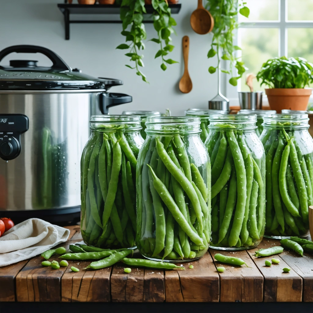 Des bocaux de haricots verts en cours de preparation a cote d une cocotte-minute dans une cuisine familiale lumineuse