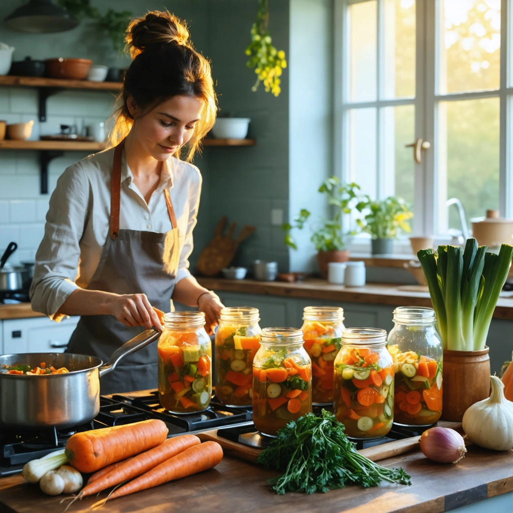 Une femme remplit des bocaux en verre avec de la soupe maison dans une cuisine, avec une grande marmite de stérilisation sur la cuisinière et des légumes frais sur le plan de travail.
