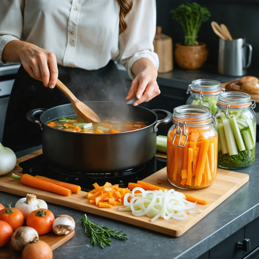 Une femme dans une cuisine prépare un bouillon de légumes maison avec des épluchures de carottes, oignons, poireaux et céleri à côté d'une casserole fumante.