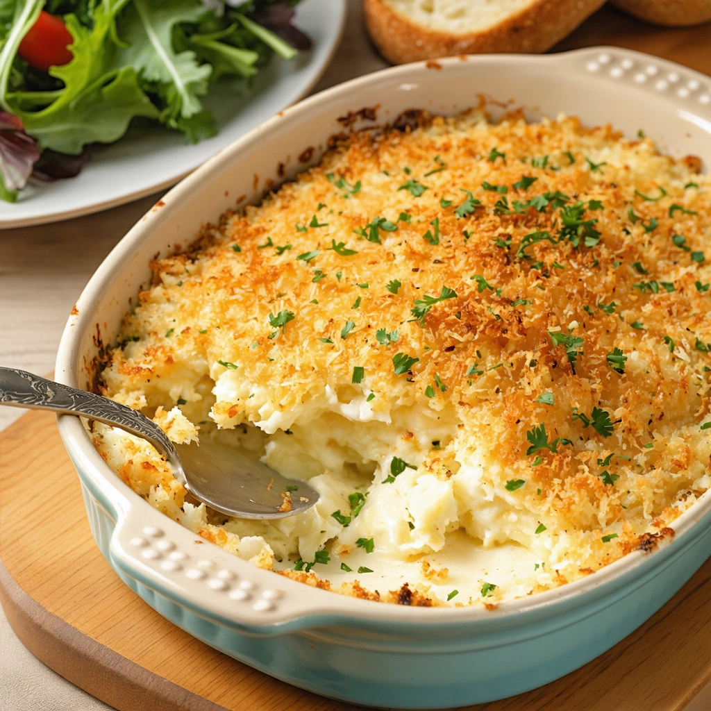Plat de brandade de morue parmentiere gratinee dans un plat en ceramique, avec une surface doree et croustillante, servi sur une table en bois avec un peu de persil et une salade verte.