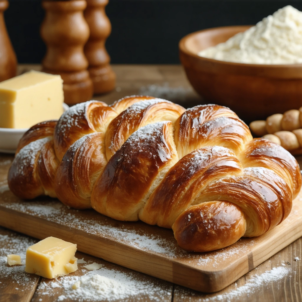 Une brioche tressée maison à la croûte bien dorée, posée sur une table en bois, avec une tranche coupée laissant voir une mie moelleuse et filante.