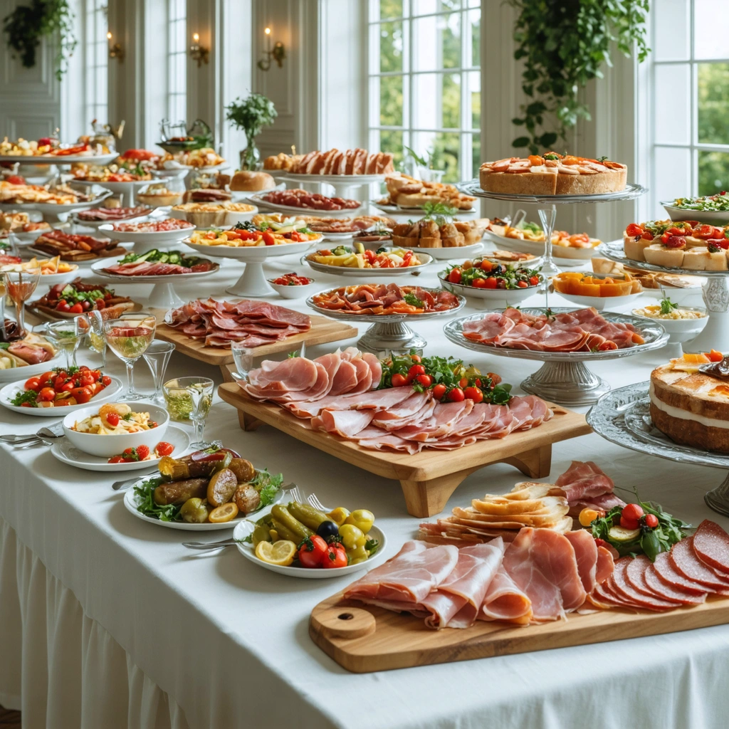 Un buffet froid avec plusieurs plateaux de charcuterie variée, du pain, des condiments et des salades, préparé pour une quarantaine de personnes dans une ambiance conviviale.