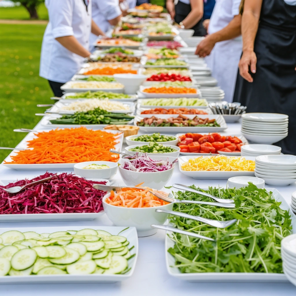 Grand buffet de crudites fraiches pour une reception, avec saladiers de carottes rapees, tomates, concombres, betteraves et radis disposes sur une longue table