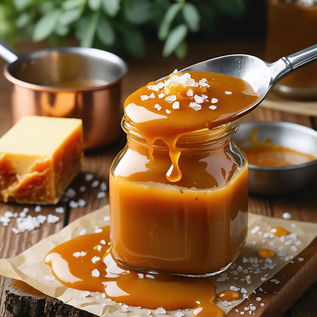 Un pot et une casserole de caramel au beurre salé maison, à la texture lisse et brillante, avec une cuillère laissant couler la sauce sur une table en bois.