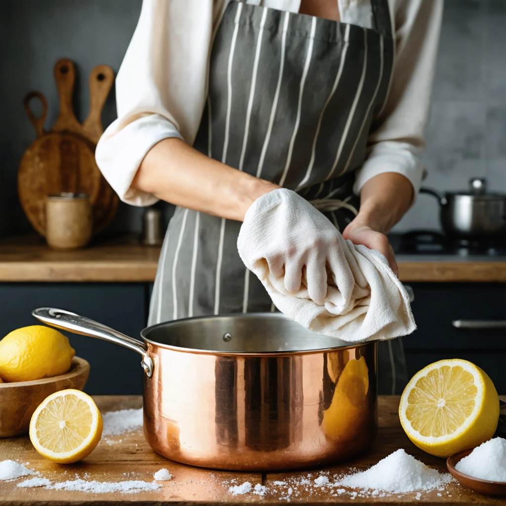 Une casserole en cuivre étamé en cours de nettoyage sur un plan de travail de cuisine, avec un chiffon doux, un citron et d’autres ingrédients ménagers pour lui redonner de l’éclat.