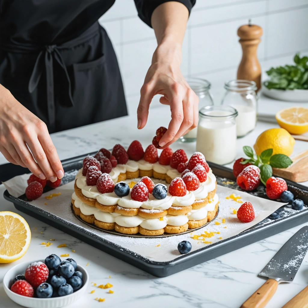Une passionnée de cuisine retire délicatement un cercle à pâtisserie en inox autour d'un dessert monté en couches aux bords très nets, dans une cuisine lumineuse.