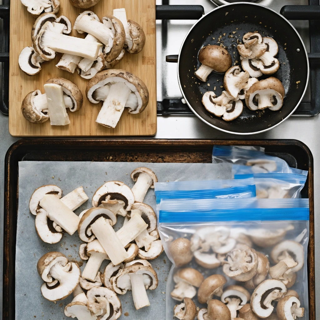 Des champignons de Paris frais tranches, legerement poeles puis disposes sur un plateau avant congelation dans une cuisine