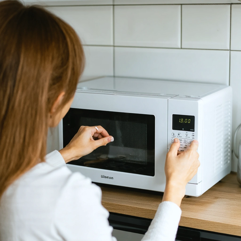 Une femme remplace avec précaution l’ampoule intérieure d’un micro-ondes dans une cuisine moderne, avec un tournevis et une ampoule neuve posés à côté.