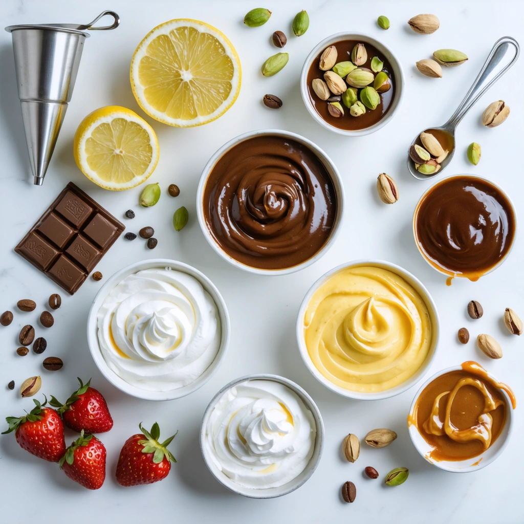 Plusieurs bols de creme chantilly aromatisee maison avec vanille, citron, chocolat, cafe, fraise, caramel et pistache, presentes sur une table de cuisine avec des ingredients frais et une poche a douille.