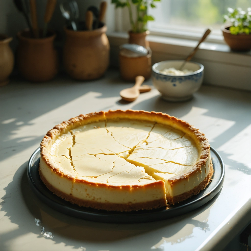 Un cheesecake maison cuit, légèrement doré, avec une fissure visible sur le dessus, posé dans son moule sur un plan de travail de cuisine.