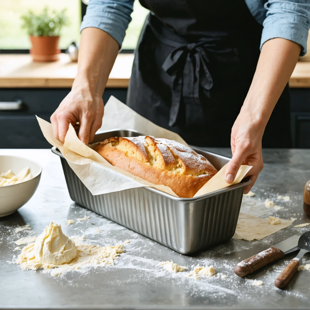 Une personne chemise un moule a cake avec du papier cuisson dans une cuisine, prete a verser la pate pour faciliter un demoulage parfait.
