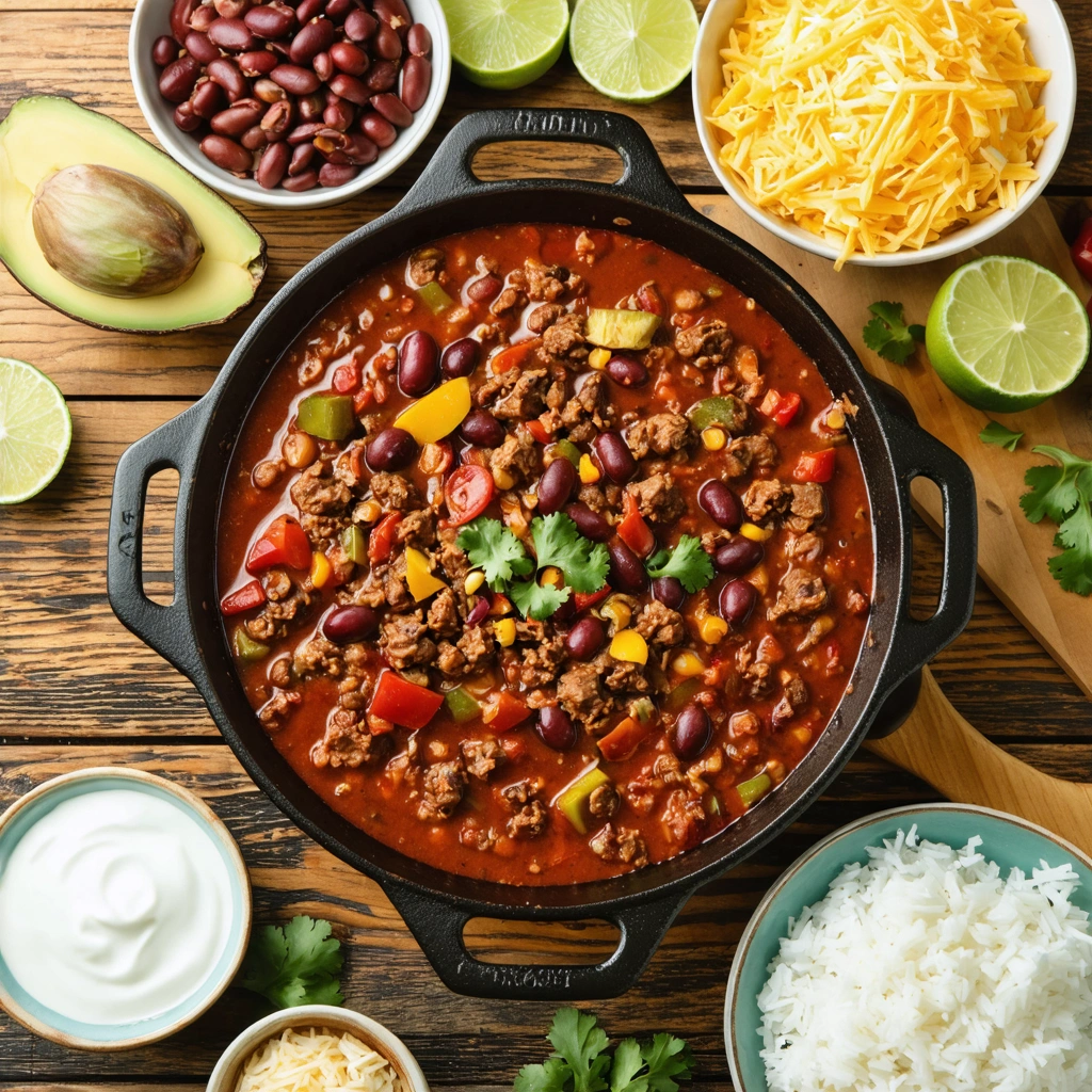 Une grande marmite de chili con carne servie sur une table conviviale avec du riz, du fromage râpé, de la crème, de l’avocat, de la coriandre et des quartiers de citron vert