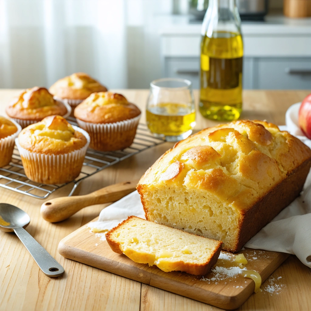 Un gâteau moelleux et des muffins maison posés sur une table, avec un bol de compote de pomme et une bouteille d’huile à côté pour illustrer le remplacement de l’huile en pâtisserie.