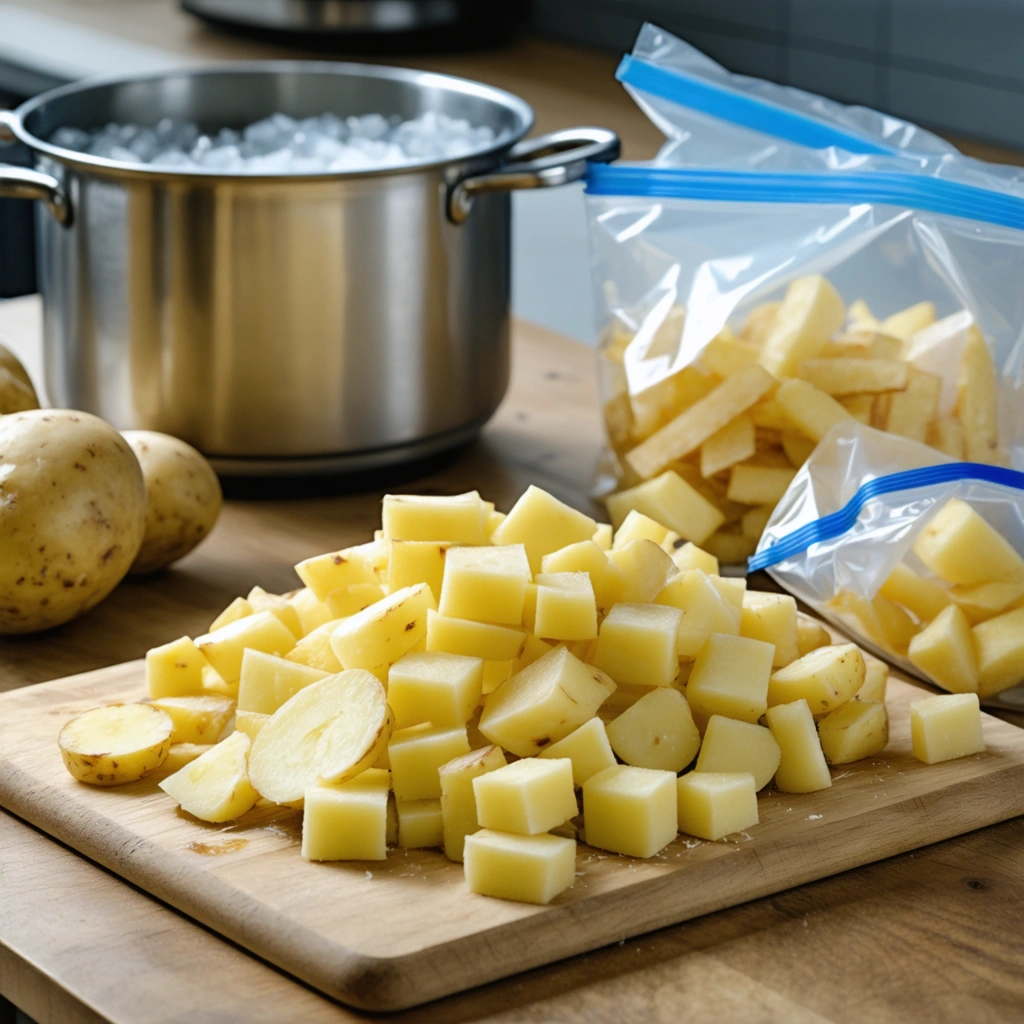 Des pommes de terre crues coupées sur une planche, avec une casserole d’eau bouillante, un saladier d’eau glacée et des sachets prêts pour le congélateur dans une cuisine.