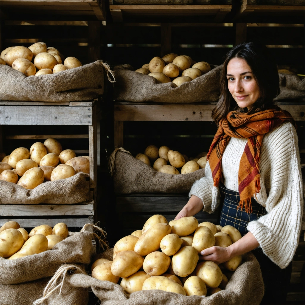 Des pommes de terre bien conservées dans des cagettes en bois et des sacs en toile, rangées dans un espace sombre et frais en hiver.