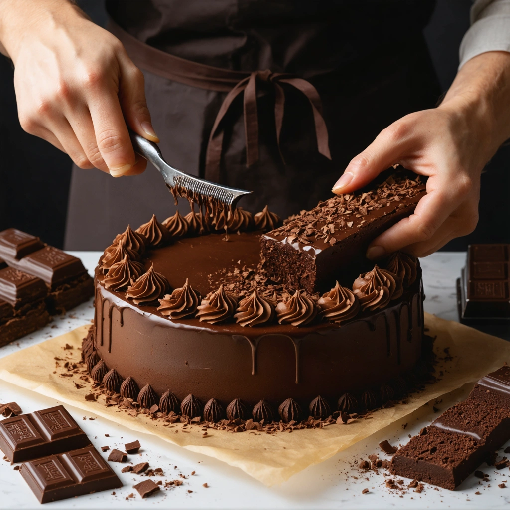 Des mains réalisent des copeaux de chocolat avec un économe au-dessus d'un papier cuisson, à côté d'un gâteau en cours de décoration dans une cuisine lumineuse.