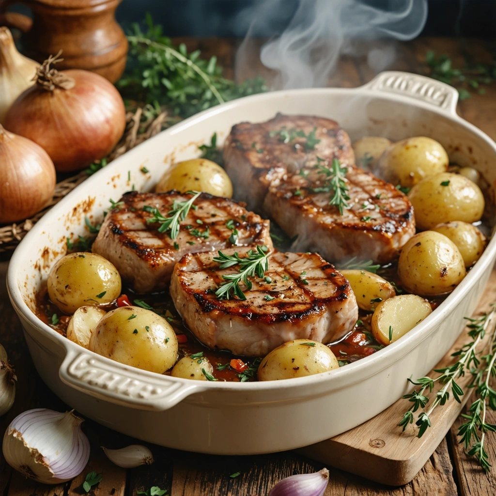 Des cotes de porc dorees et juteuses sorties du four, servies dans un plat avec des pommes de terre roties, des oignons, de l ail et du thym.