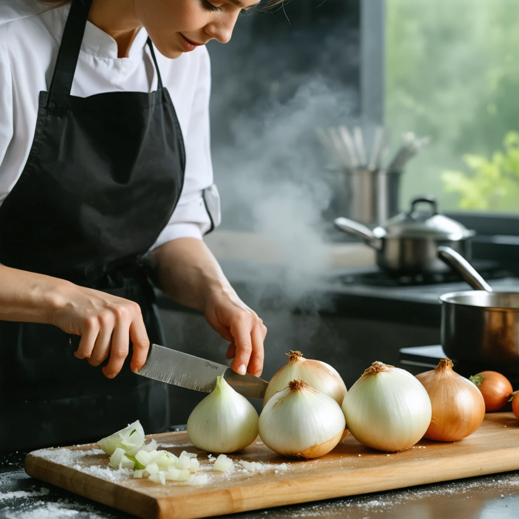 Une femme coupe un oignon sur une planche dans une cuisine lumineuse, avec un couteau bien aiguisé, sans pleurer.