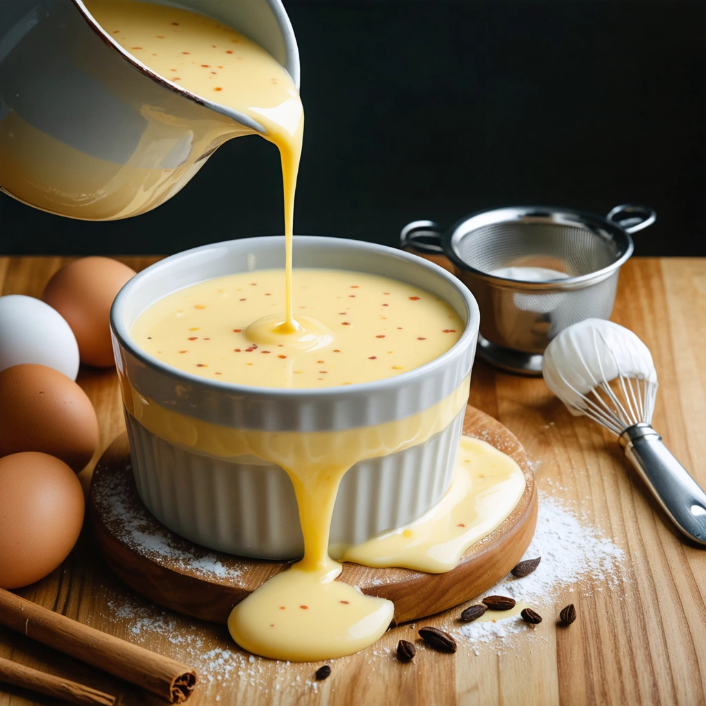 Une creme anglaise maison lisse et brillante est versee dans un recipient, avec des gousses de vanille, des oeufs et une passoire fine sur un plan de travail de cuisine.